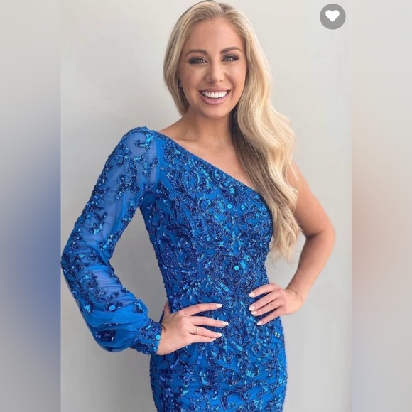 Homrain royal blue beaded sequin one shoulder dress